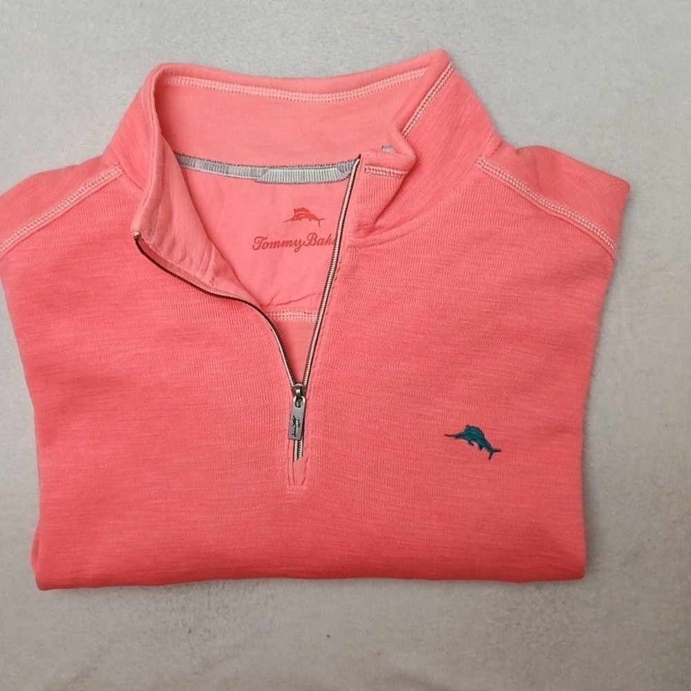 Tommy Bahama Pullover Mens XL Pink 1/4 Zip Mock Neck Tobago Bay Island Beach